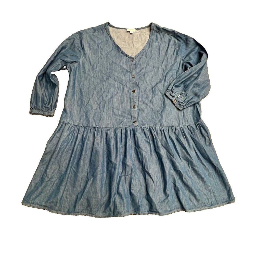 100% Cotton Chambray XL Dress Vneck Full Skirt 3/4 Sleeve Bojo